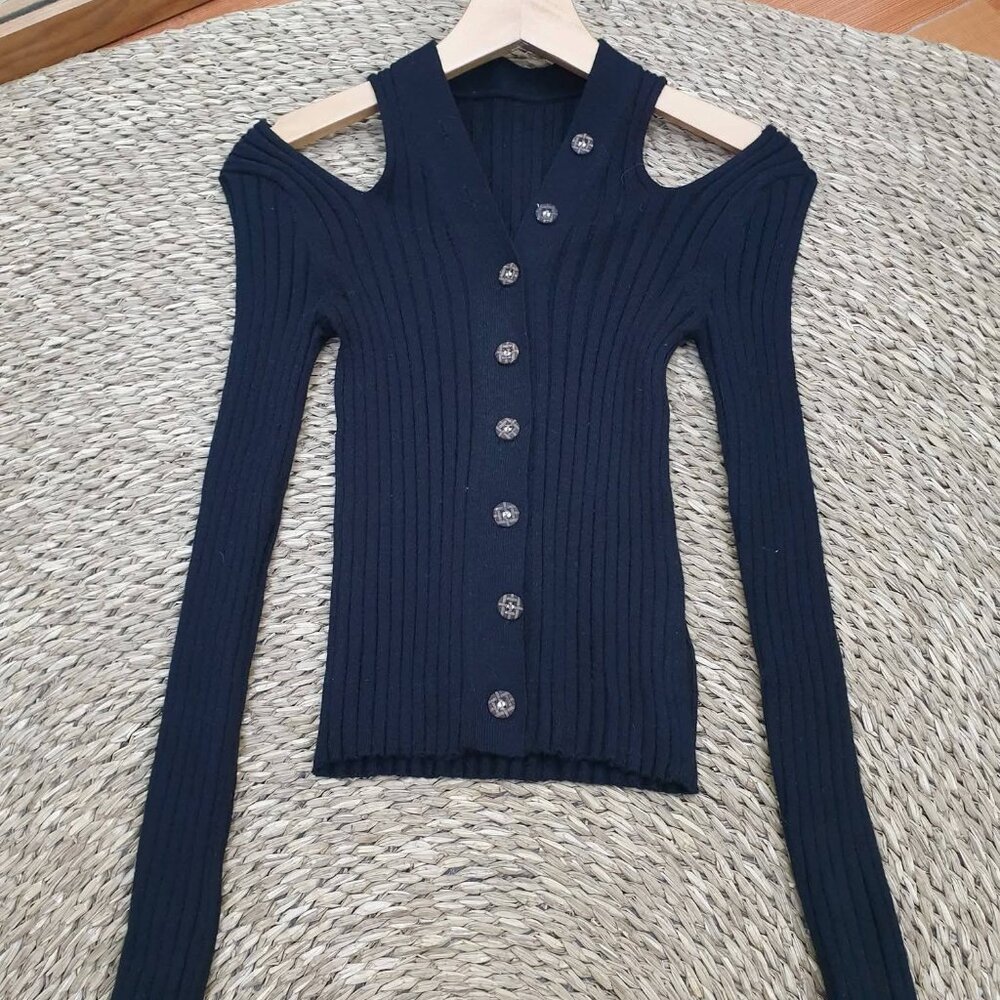 Navy Blue Ribbed Knit Cold Shoulder Cardigan Rhinestone Button Top